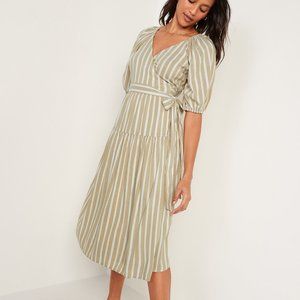 Waist-Defined Striped Tie-Belt Midi Wrap Dress for Women